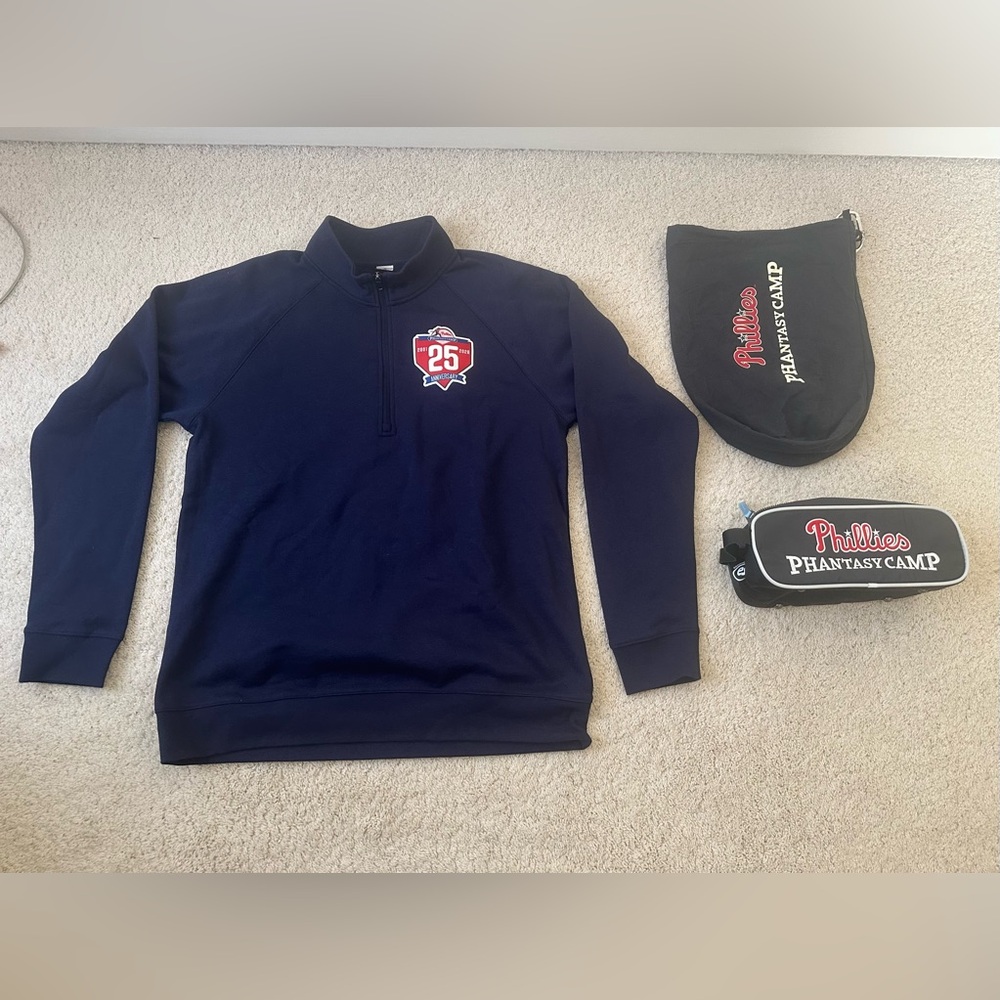 Lot of 3 Philadelphia Phillies Phantasy Camp Items Pullover, Dopp kit, Shoe Bag